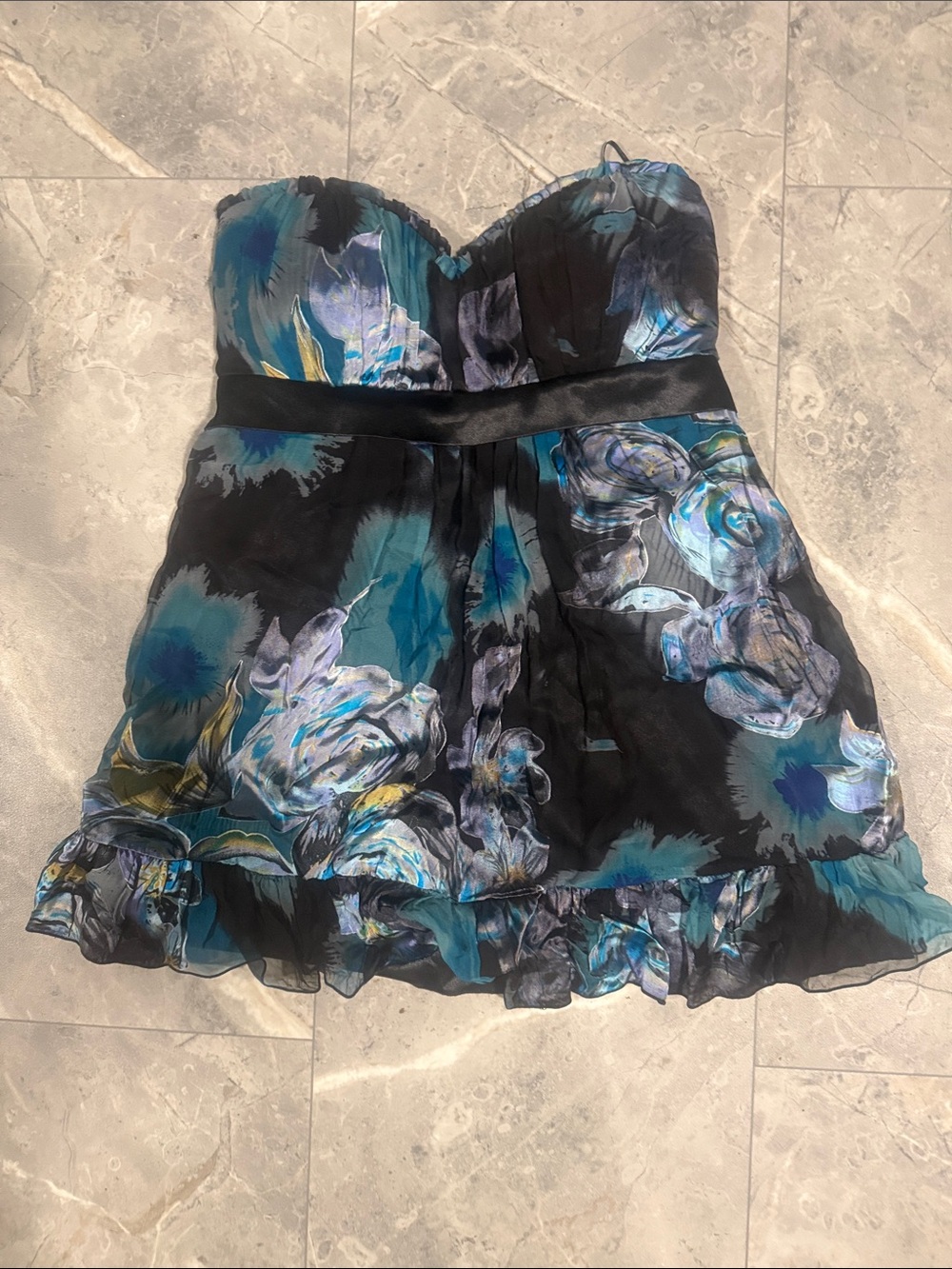 le chateau Black Strapless Floral Chiffon Camisole with Teal and Blue Accents